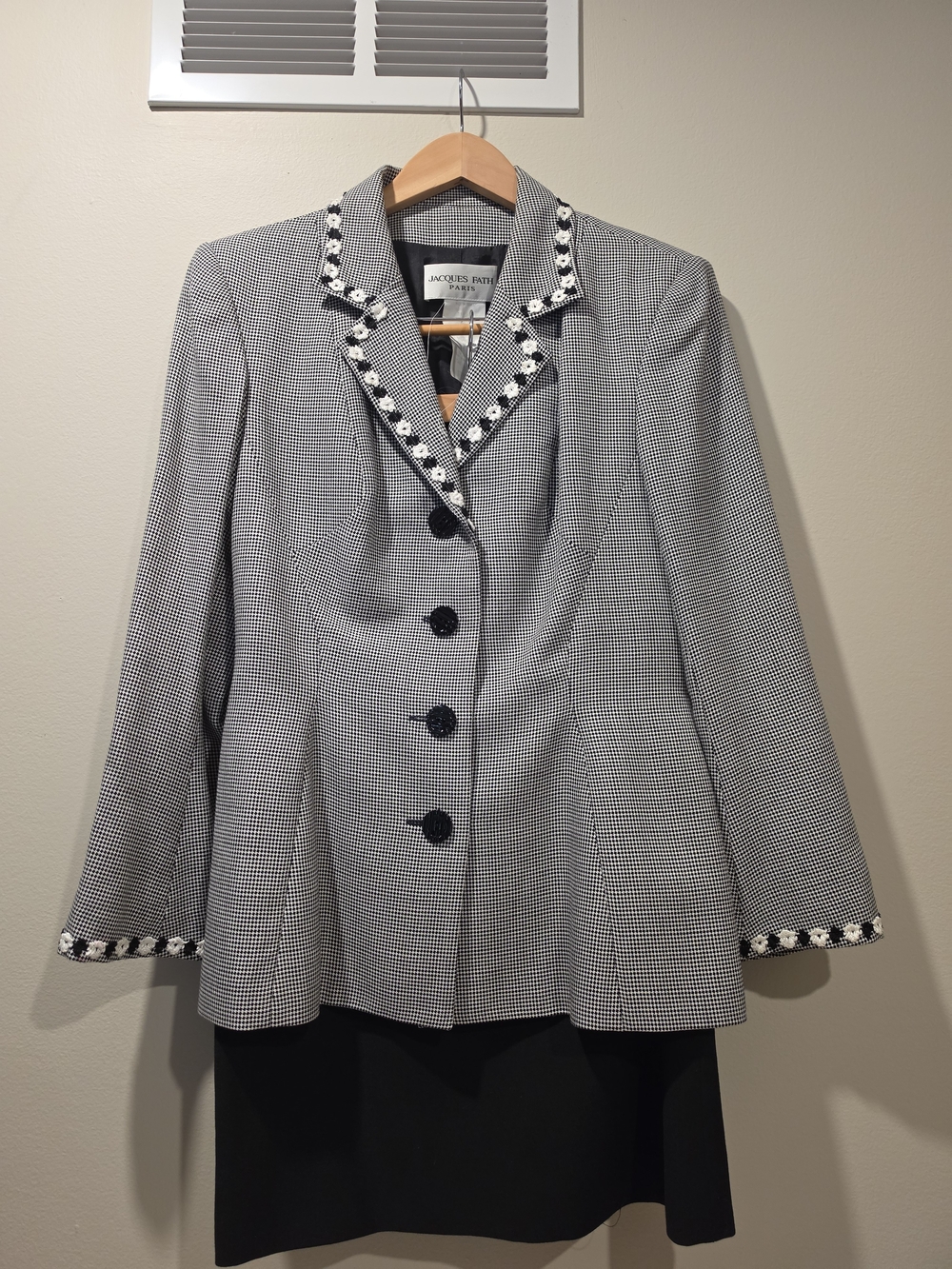 Jacques Fath Vintage 90s Wool Houndstooth Skirt Suit Dark Academia Paris Set 8